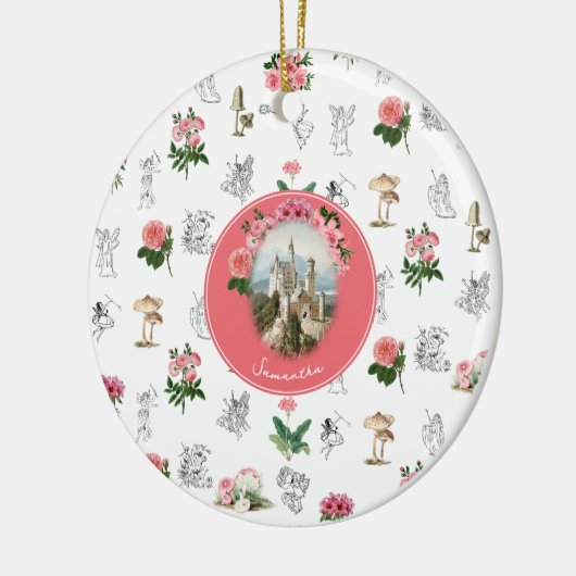 Fairies Roze Bloemen Mushroom Fairy Kasteel Monogr Keramisch Ornament (Links)