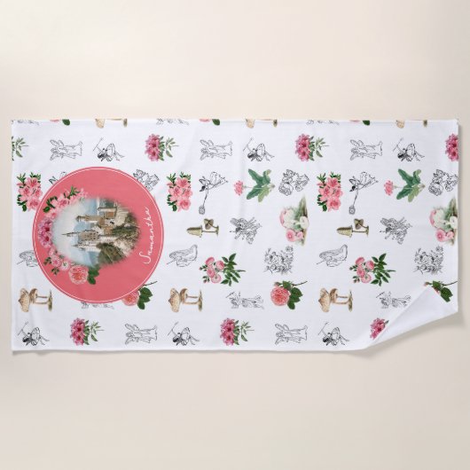 Fairies Roze Bloemen Mushroom Fairy Kasteel Monogr Strandlaken (Voorkant)