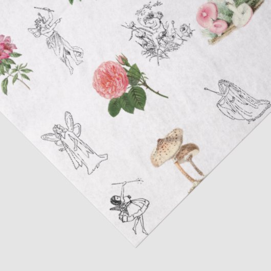Fairies Roze Bloemen & Paddestoel Fairy Patroon Tissuepapier (Detail)