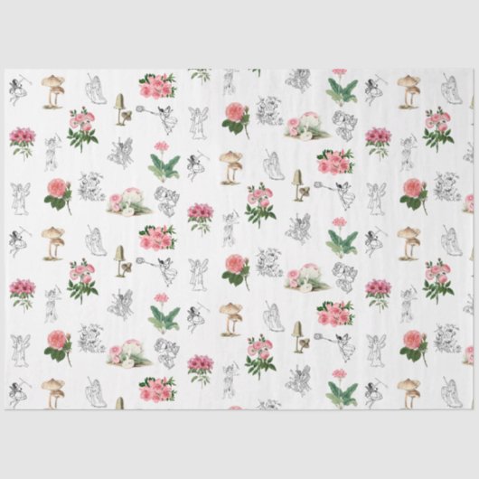 Fairies Roze Bloemen & Paddestoel Fairy Patroon Tissuepapier (Voorkant)