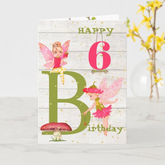 Fairies Rustic Pink Gold Personal Age Kaart (Gele Bloem)