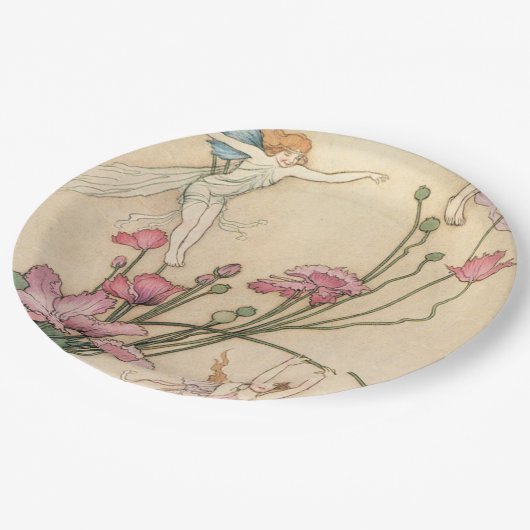 Fairies springt op bloemen papieren bordje (Gekanteld)