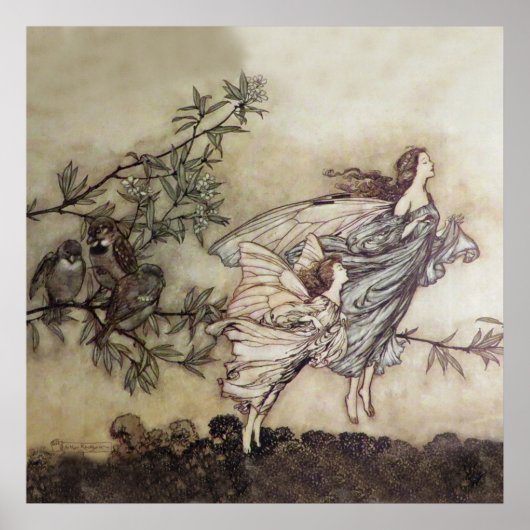 "Fairies Tiff with the Birds" van Arthur Rackham Poster (Voorkant)