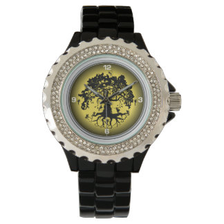 Fairies Tree Vrouwen Strass Zwart emaille horloge