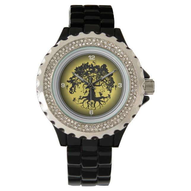 Fairies Tree Vrouwen Strass Zwart emaille horloge (Voorkant)