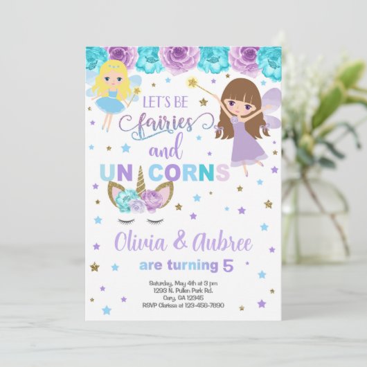Fairies & unicorns meiden zussen uitnodigingen. kaart (Staand voorkant)
