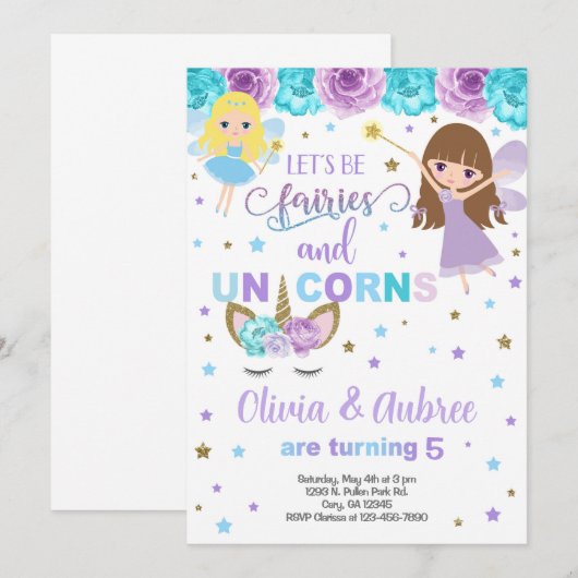 Fairies & unicorns meiden zussen uitnodigingen. kaart (Voorkant / Achterkant)
