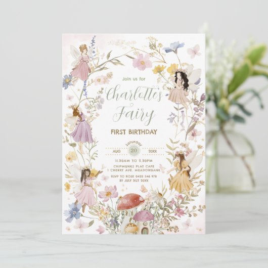 Fairies Wildflower Meadow Bloemen 1e Verjaardag Kaart (Staand voorkant)