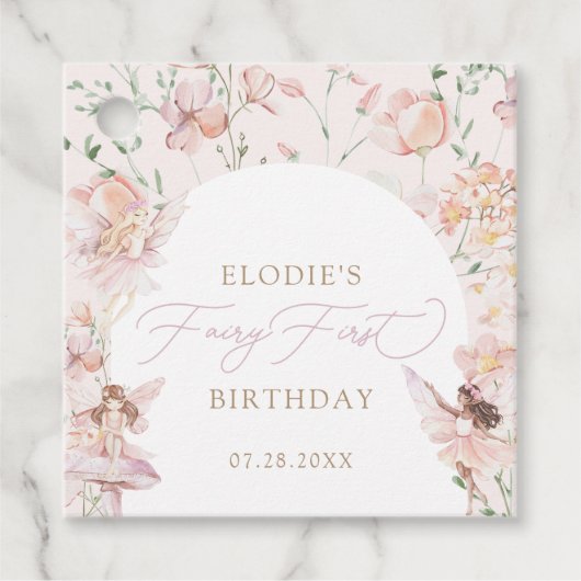 Fairy 1e roze bloemen meisjes verjaardag bedankjes labels (Voorkant)