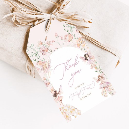 Fairy 1e roze bloemen meisjes verjaardag cadeaulabel