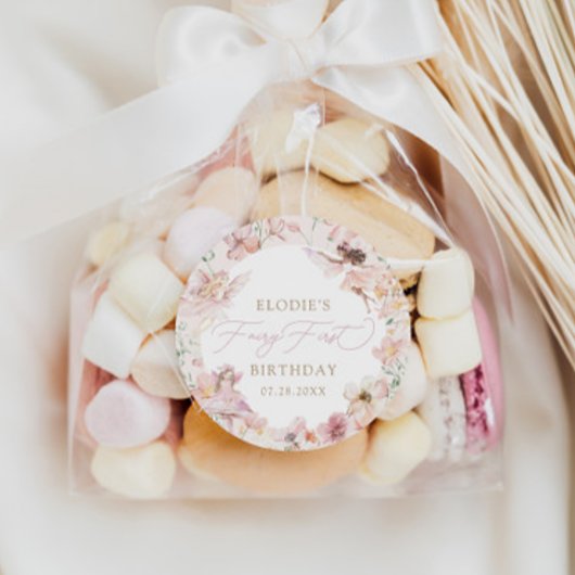 Fairy 1e roze bloemen meisjes verjaardag ronde sticker