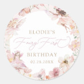 Fairy 1e roze bloemen meisjes verjaardag ronde sticker (Voorkant)