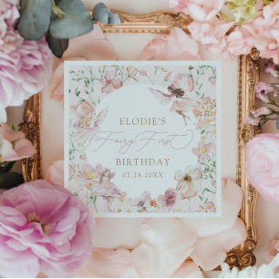 Fairy 1e roze bloemenmeisjes wegwerp verjaardag servet