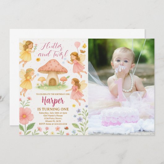 Fairy 1e verjaardag uitnodiging (Voorkant / Achterkant)
