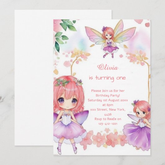 Fairy 1e verjaardag uitnodiging (Voorkant / Achterkant)