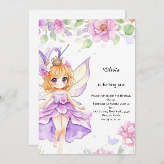 Fairy 1e verjaardag uitnodiging (Voorkant / Achterkant)