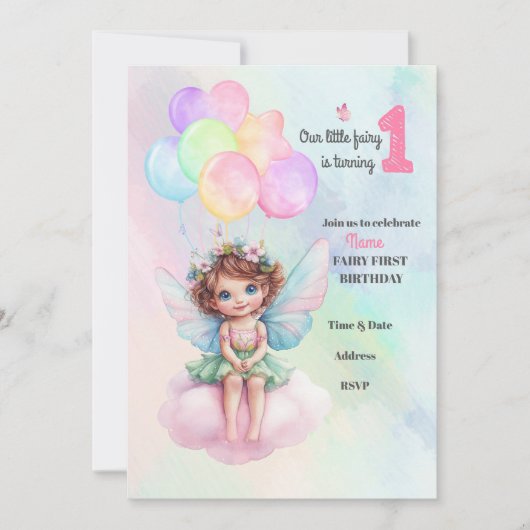 Fairy 1e verjaardag uitnodiging, Fairy op een wolk Kaart (Voorkant)