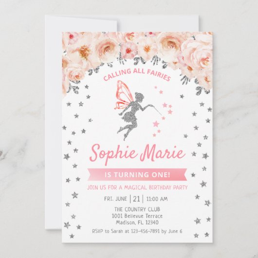 Fairy 1e verjaardag - Zilver Roze Kaart (Voorkant)