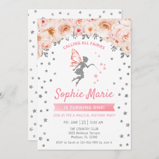 Fairy 1e verjaardag - Zilver Roze Kaart (Voorkant / Achterkant)