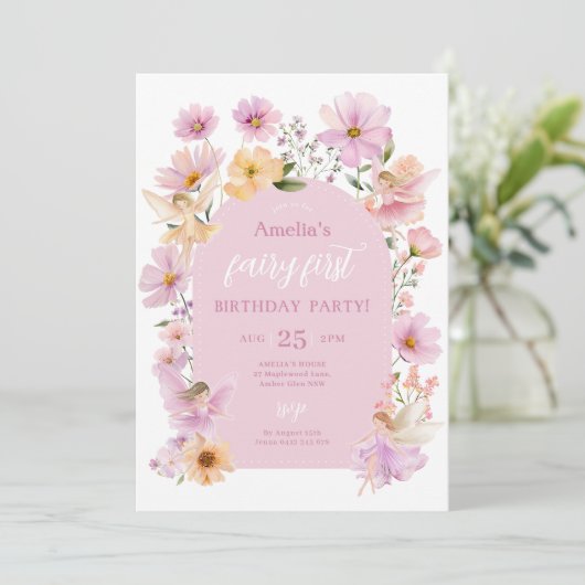 Fairy 1st Birthday Fairy Party Pink Peach Girl Kaart (Staand voorkant)