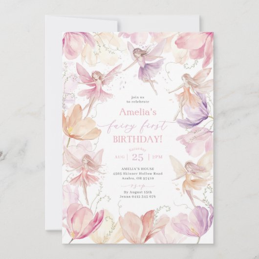 Fairy 1st Birthday Fairy Party Pink Peach Purple Kaart (Voorkant)