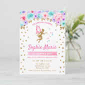 Fairy 1st Birthday - Goud Blauwgroen Paarse Roze Kaart (Staand voorkant)