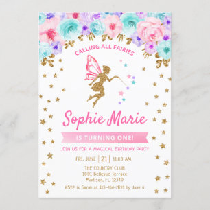 Fairy 1st Birthday - Goud Blauwgroen Paarse Roze Kaart