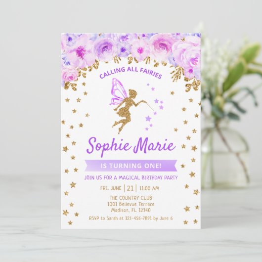 Fairy 1st Birthday - Goud Paarse Kaart (Staand voorkant)