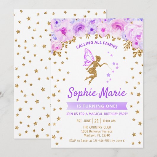 Fairy 1st Birthday - Goud Paarse Kaart (Voorkant / Achterkant)