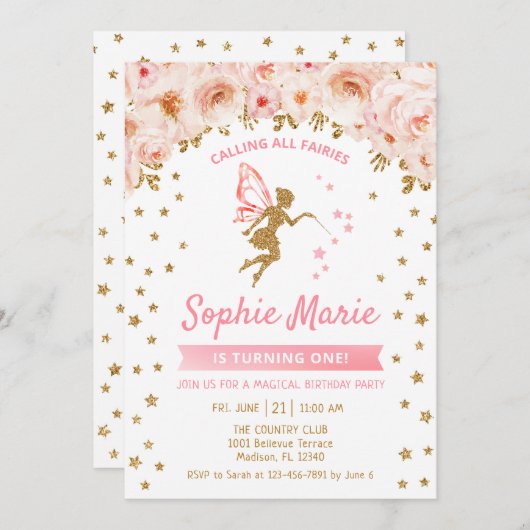 Fairy 1st Birthday - Goud Roze Kaart (Voorkant / Achterkant)