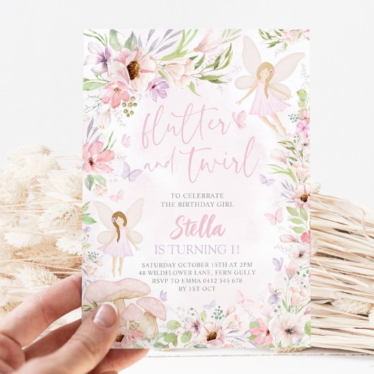 Fairy 1st Birthday Invitation Flutter & Twirl Pink Kaart