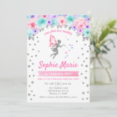 Fairy 1st Birthday - Zilver Blauwgroen Paarse Roze Kaart (Staand voorkant)