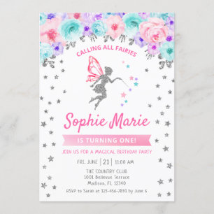 Fairy 1st Birthday - Zilver Blauwgroen Paarse Roze Kaart