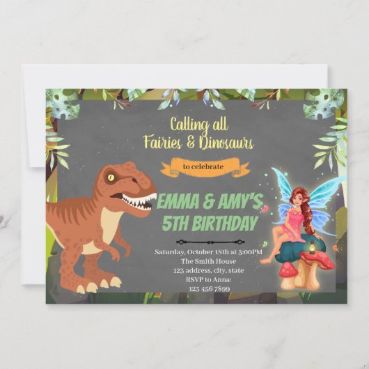 Fairy and dinosaur joint party Invitation Kaart (Voorkant)