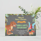 Fairy and dinosaur joint party Invitation Kaart (Staand voorkant)