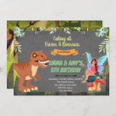 Fairy and dinosaur joint party Invitation Kaart (Voorkant / Achterkant)
