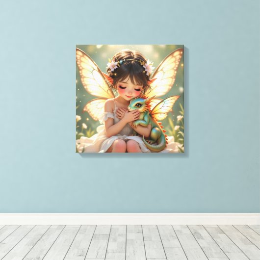 Fairy and Dragon | Chibi Anime Fairy Tale Canvas Afdruk (Insitu (Houten vloer))