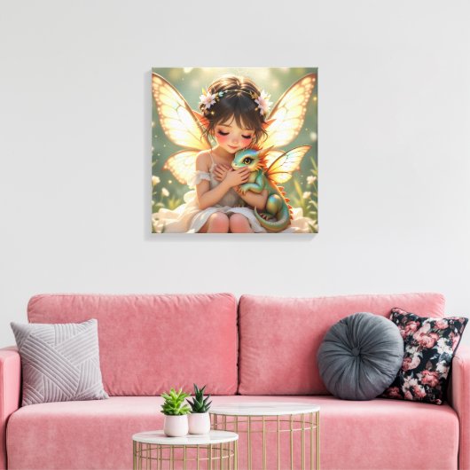 Fairy and Dragon | Chibi Anime Fairy Tale Canvas Afdruk (Insitu (Woonkamer))