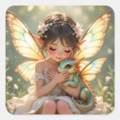 Fairy and Dragon | Chibi Anime Fairy Tale Vierkante Sticker (Voorkant)