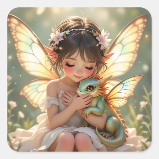 Fairy and Dragon | Chibi Anime Fairy Tale Vierkante Sticker (Voorkant)