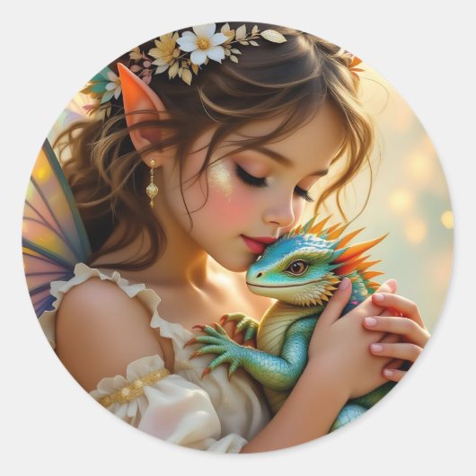 Fairy and Dragon Mystical Girl's   Ronde Sticker (Voorkant)