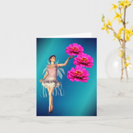 Fairy And Pink Zinnia Flower Fantasy Note Kaart (Gele Bloem)
