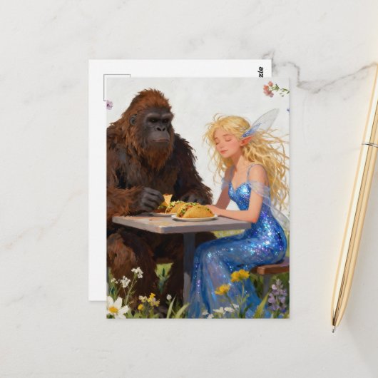 Fairy and Sasquatch Picnic Briefkaart (Voorkant / Achterkant in situ)