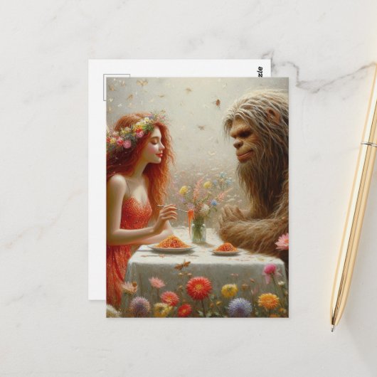 Fairy and Sasquatch Spaghetti Picnic Briefkaart (Voorkant / Achterkant in situ)