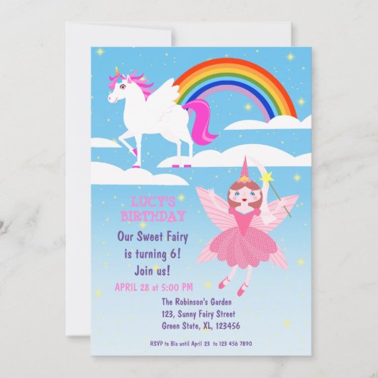 Fairy and Unicorn Birthday Girl Party Invitation Kaart (Voorkant)