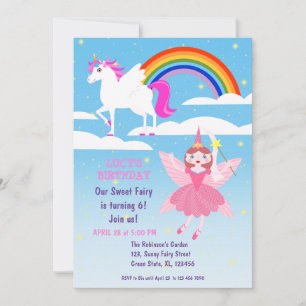 Fairy and Unicorn Birthday Girl Party Invitation Kaart