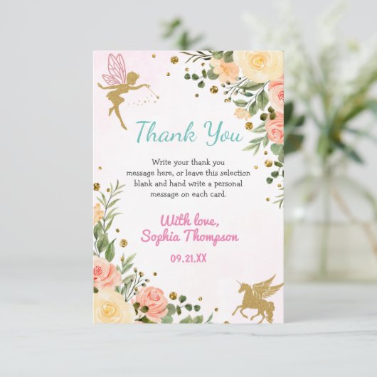 Fairy and Unicorn Floral Glitter 1st Birthday Bedankkaart (Staand voorkant)
