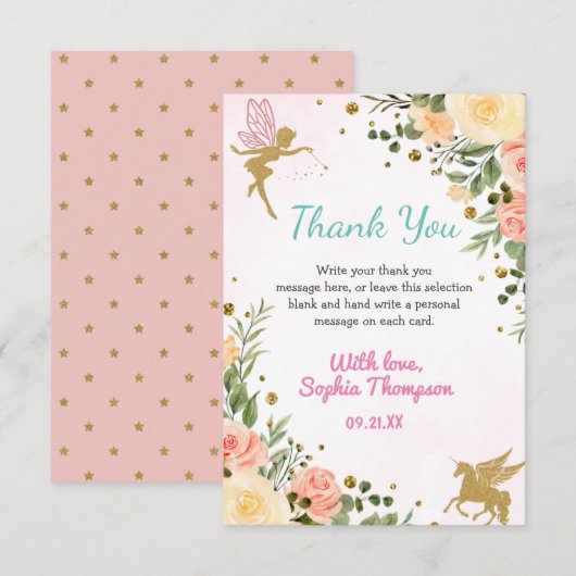 Fairy and Unicorn Floral Glitter 1st Birthday Bedankkaart (Voorkant / Achterkant)