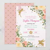 Fairy and Unicorn Floral Glitter 1st Birthday Kaart (Voorkant / Achterkant)