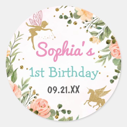 Fairy and Unicorn Floral Glitter 1st Birthday Ronde Sticker (Voorkant)